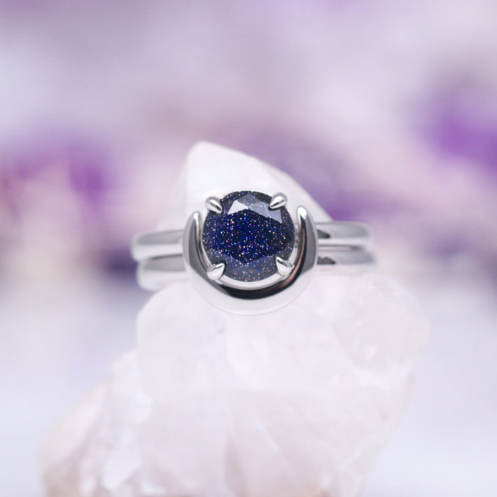 Crescent Moon Starry Night Engagement Ring Set- 14K White Gold by Aquamarise Gold, featuring a sparkling deep blue gemstone with celestial crescent moon accents, part of Starry Night™ Rings, Solid Gold Engagement Rings, and Fantasy-Inspired Jewelry collections.