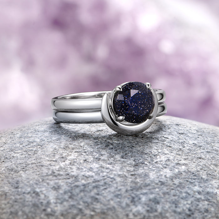 Crescent Moon Starry Night Engagement Ring Set- 14K White Gold by Aquamarise Gold featuring a polished white gold band with a sparkling deep blue sandstone stone, part of Solid Gold Engagement Rings and Starry Night™ Rings collections.
