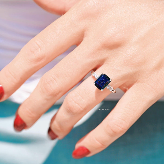 Starry Night Couples Ring Set- Night Court Inspired featuring a deep blue sandstone center stone with sparkling white accents on a delicate silver band by Aquamarise.