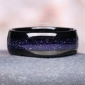 Starry Night Wedding Band- 8MM Black Tungsten featuring a shimmering crushed galaxy stone inlay on a polished black tungsten band by Aquamarise for men’s wedding bands.