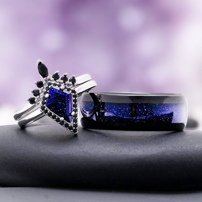 Starry Night and black onyx couples ring set side by side, kite blue sandstone ring with black onyx accents beside the men's black band with a sandstone inlay