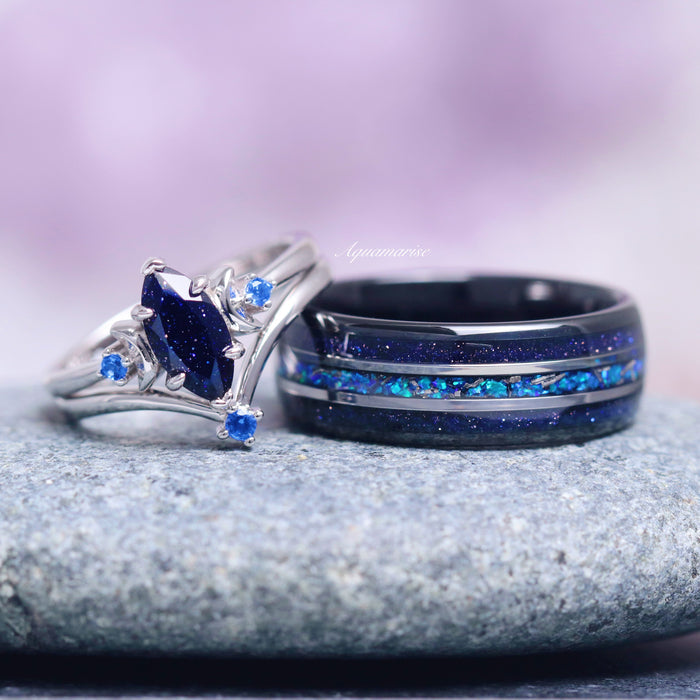 Lunar Starlight Sandstone Ring Set (Starry Night) in 14K White Gold by Aquamarise Gold, featuring a marquise blue sandstone center with sparkling blue accents and a matching band with shimmering inlaid opal, part of Starry Night™ Rings and Non-Traditional Gemstone Engagement Rings collections.