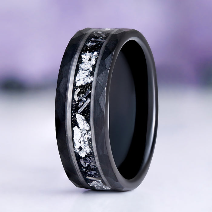 Starry Night® & Meteorite Men's Wedding Band in Black Tungsten Carbide (8mm), close-up of the meteorite and crushed-stone inlay by Aquamarise