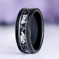 Starry Night® & Meteorite Men's Wedding Band in Black Tungsten Carbide (8mm), close-up of the meteorite and crushed-stone inlay by Aquamarise
