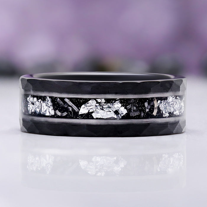Meteorite and silver leaf tungsten wedding band by Aquamarise