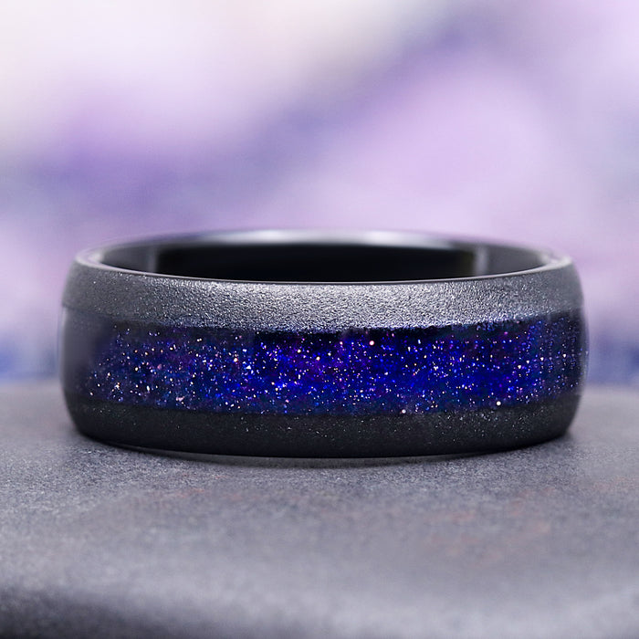 Starry Night Sandblasted Wedding Band- 8MM Black Tungsten featuring a sandblasted black finish with a glittering galaxy-inspired crushed stone inlay by Aquamarise.
