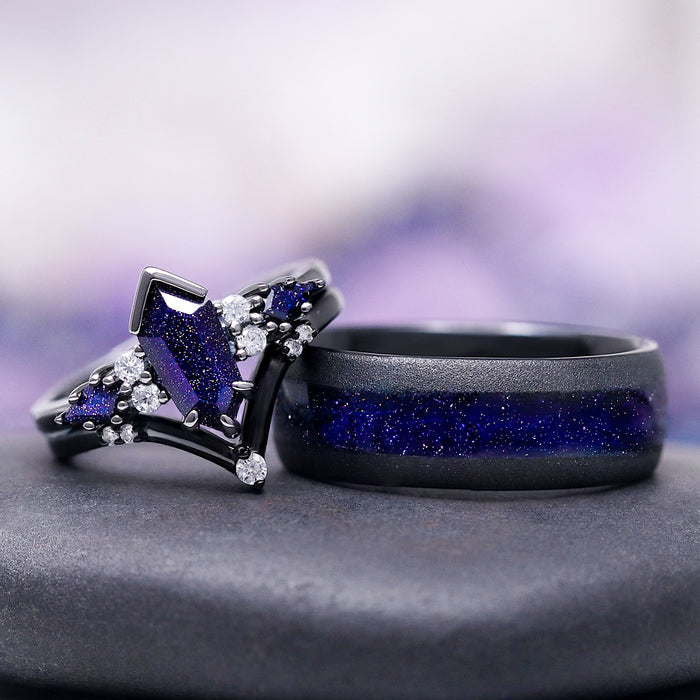 Kite Galaxy Sandstone (Starry Night) Ring Set- Black Ruthenium by Aquamarise features a black ruthenium finish with shimmering blue sandstone inlay and kite-shaped stones accented by sparkling diamonds, part of fantasy-inspired and black finish engagement rings collections.