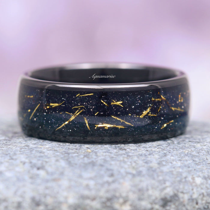 Starry Night Wedding Band- 8MM Black Tungsten (Stardust) featuring a polished black tungsten band with a celestial crushed galaxy inlay flecked with shimmering gold accents, crafted by Aquamarise from Men’s Wedding Bands and Starry Night™ Rings collections.