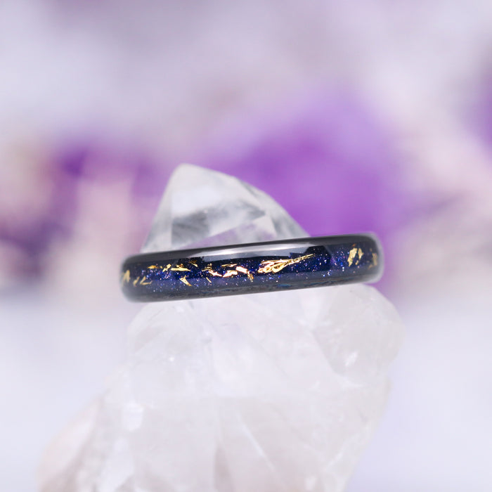 Starry Night® Stardust Wedding Band in Black Tungsten Carbide (4mm) with shimmering blue and gold flecks by Aquamarise