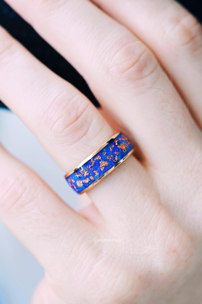 Starry Night Van Gogh Fire Opal & Rose Gold Leaf Couples Ring Set featuring a vibrant deep blue fire opal inlay accented with scattered rose gold leaf fragments on a polished band, crafted by Aquamarise.