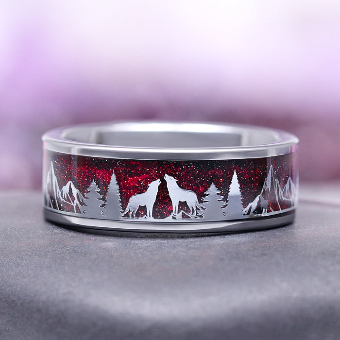 Starry Night, Trees & Wolfs Wedding Band- 8MM Tungsten (Vampire Inspired) features a two-tone tungsten band with silver wolf and tree silhouettes against a deep red galaxy sandstone inlay, by Aquamarise, part of Men’s Wedding Bands and Starry Night™ Rings collections.