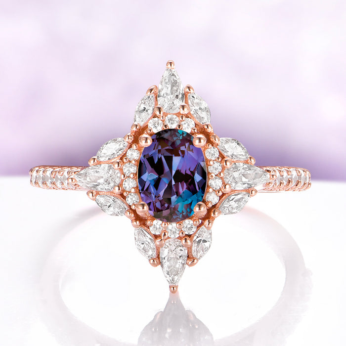 Stella Alexandrite Ring in 14K Rose Gold Vermeil by Aquamarise, featuring an oval color-change alexandrite in a north-star halo of marquise and round accents.