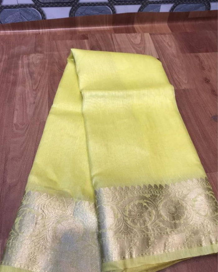 Silk Linen Banarasi Brocade Handloom Yellow Saree with Blouse-Indiehaat
