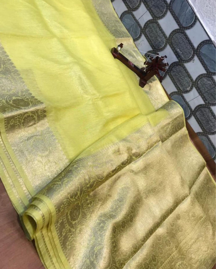 Silk Linen Banarasi Brocade Handloom Yellow Saree with Blouse-Indiehaat