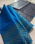 Chanderi Silk Blue Saree with Running Blouse-Indiehaat