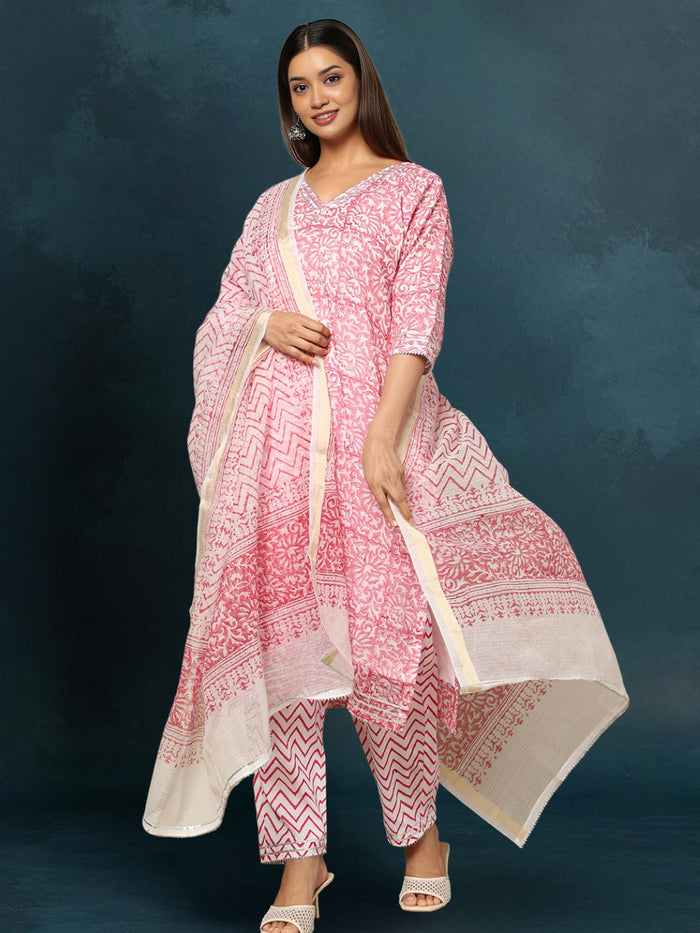Indiehaat Kota Doria Red Suit Handblock Printed 3/4th Sleeve