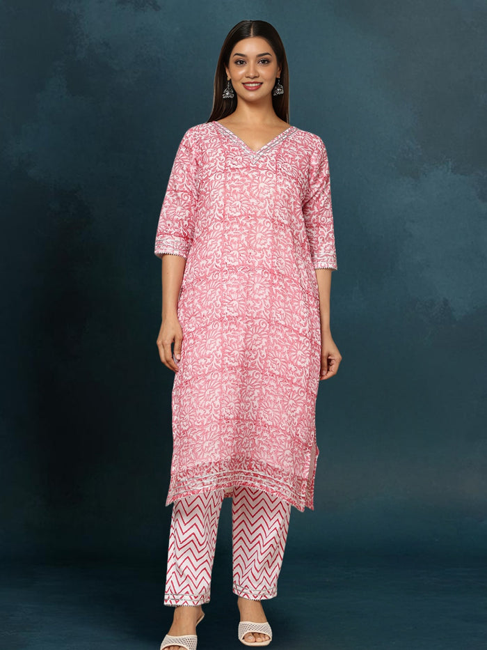 Indiehaat Kota Doria Red Suit Handblock Printed 3/4th Sleeve
