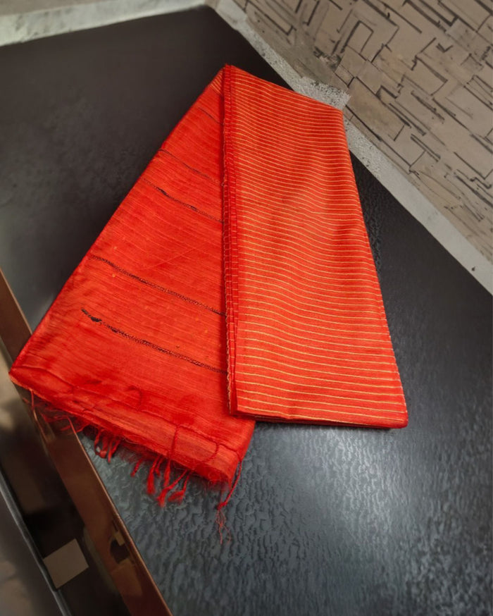 Striped Katan Silk Red Saree Handcrafted