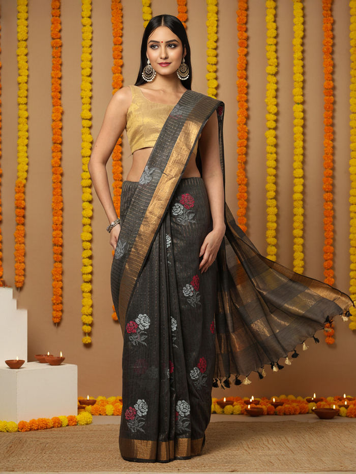 Striped Katan Silk Saree Marlin Blue Handcrafted