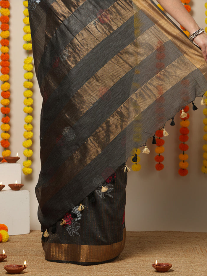 Striped Katan Silk Saree Marlin Blue Handcrafted