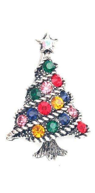 Stunning diamonte silver plated vintage look christmas tree brooch cake pin b1