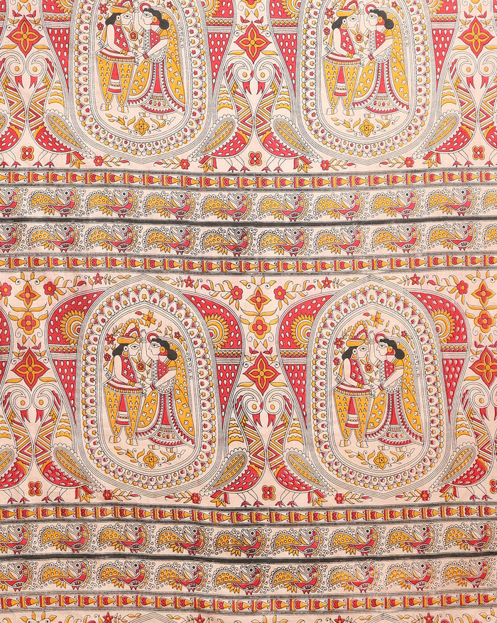 Stunning Katan Silk Madhubani Beige Suit (T+B+D)