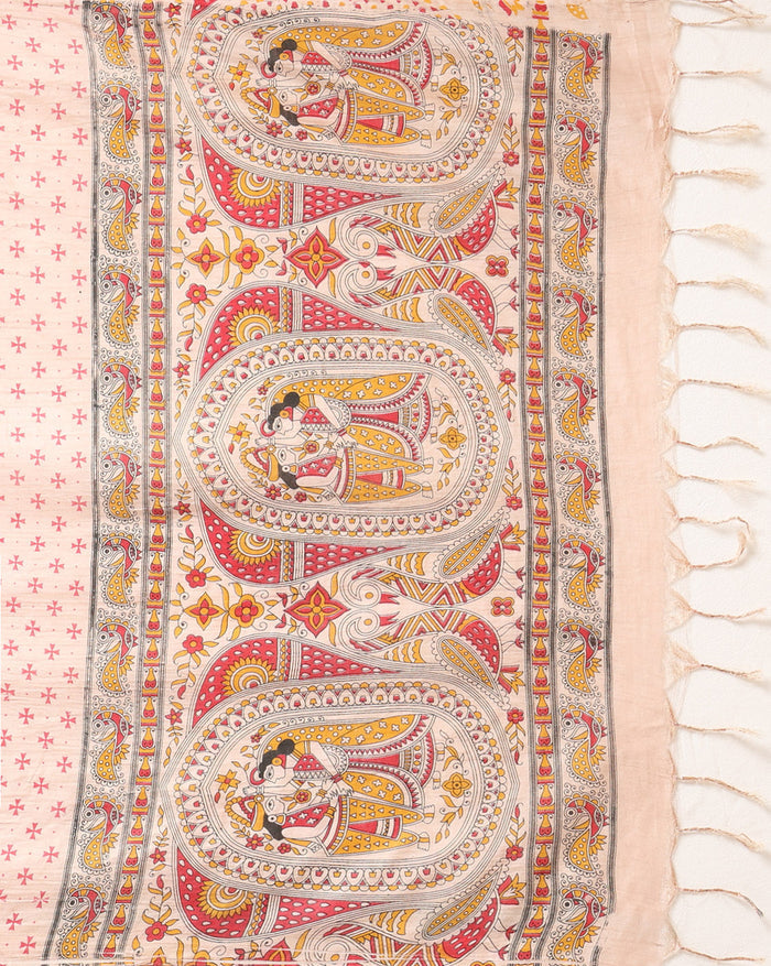 Stunning Katan Silk Madhubani Beige Suit (T+B+D)