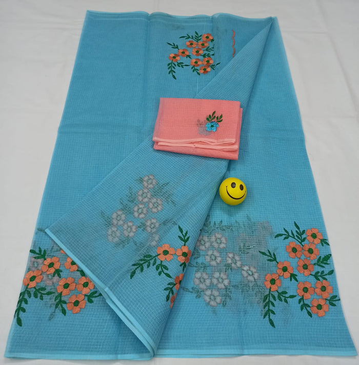 Kota Doria Blue Pure Cotton Embroidery Saree With Blouse Handcrafted-Indiehaat