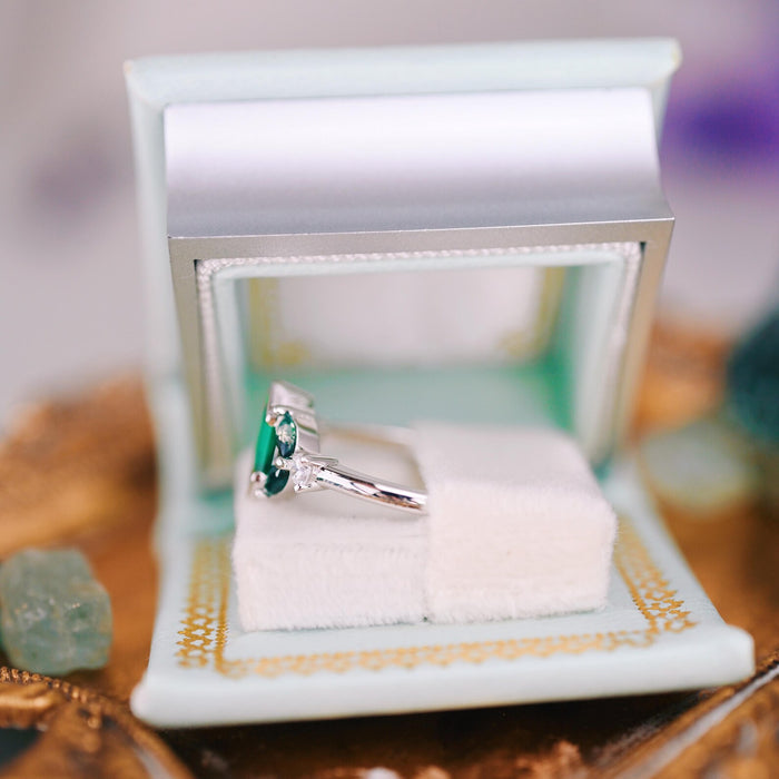 Summer Court Handmade Leather Book Ring Box- Seaglass Glow Edition (Small) with Aquamarise silver ring, shown in elegant pale sea-green keepsake box from Ring Boxes & Keepsake Proposals collection.