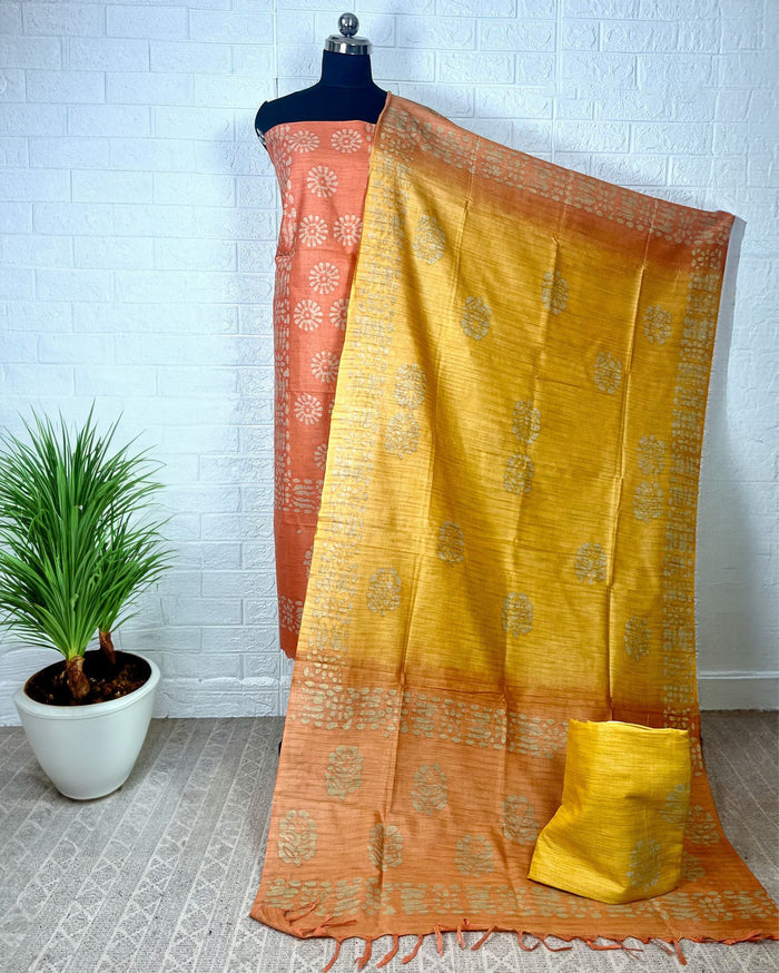 Sunny Khadi Cotton Wax Batik Hand Dyed Orange Suit (T+B+D)