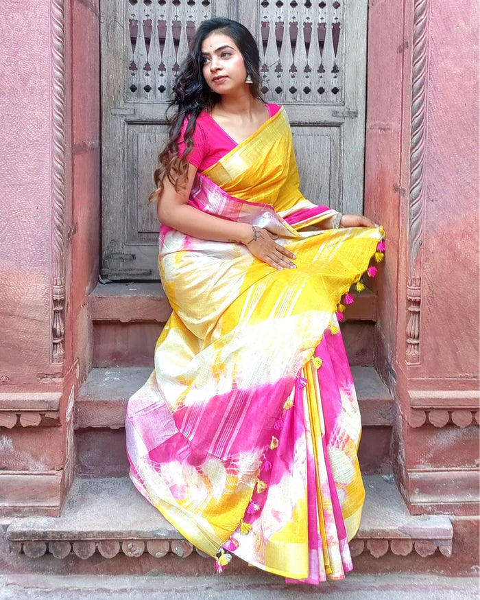 Cotton Linen Saree Yellow & Pink Color Shibori Hand Dyed with running blouse - IndieHaat