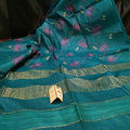 Eri Silk Digital Embroidered Green Saree with Running Blouse-Indiehaat