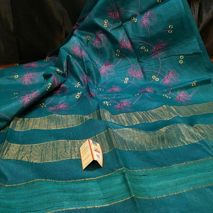 Eri Silk Digital Embroidered Green Saree with Running Blouse-Indiehaat