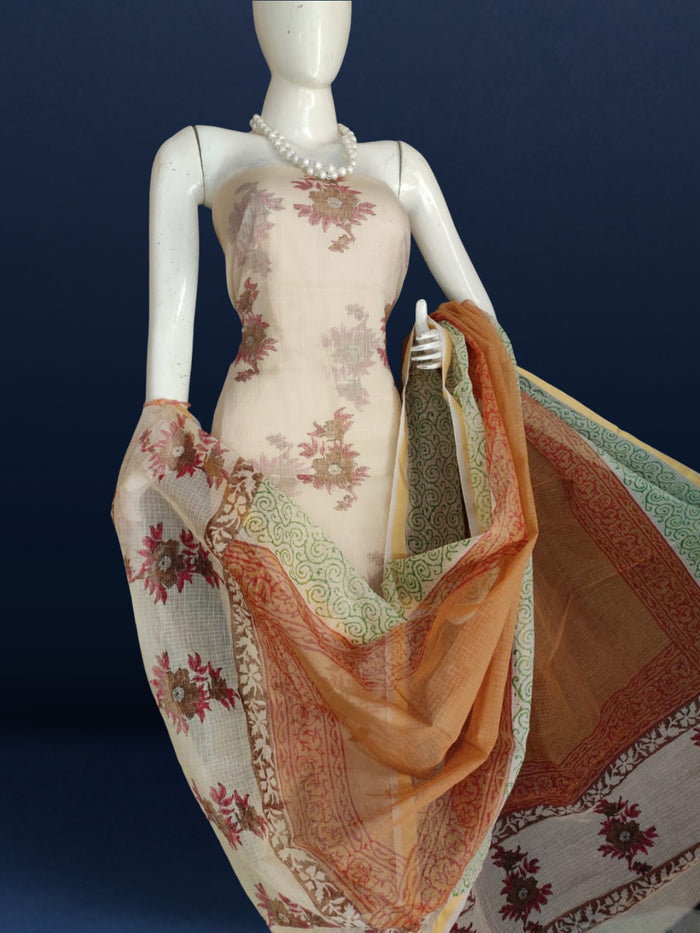 Surreal Kota Doria Brown Blockprinted Suit (Top+Dupatta+Bottom)