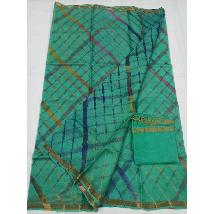 Pure Silk Kota Doria Green Saree with blouse Handcrafted-Indiehaat