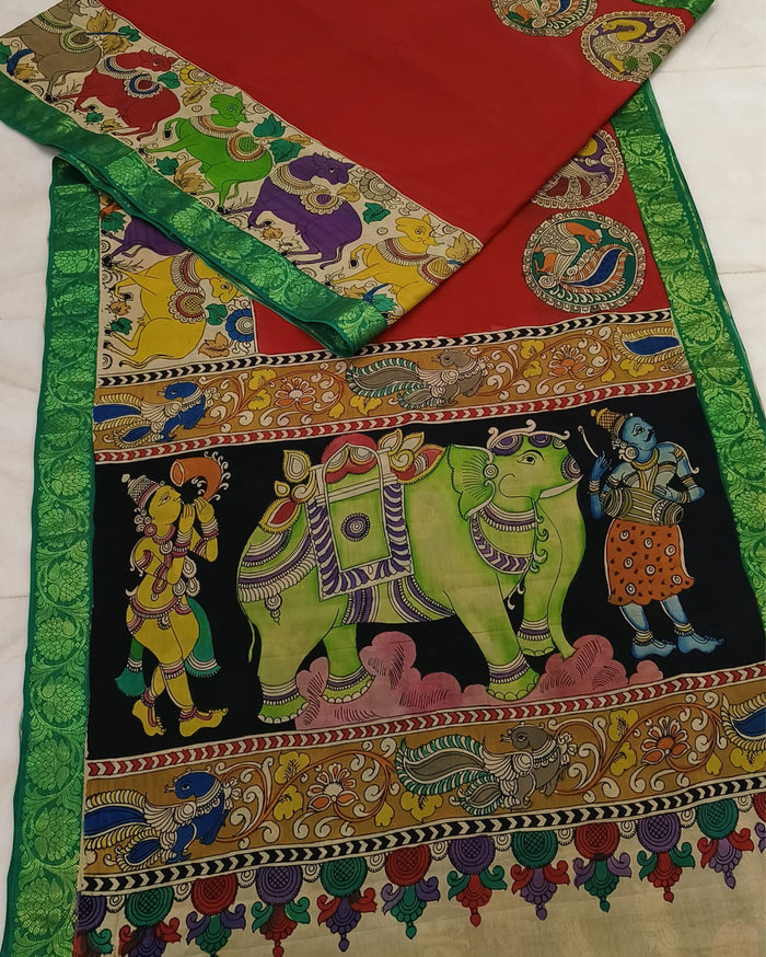 Indiehaat | HandPainted Soft Silk Red Saree | Elegant