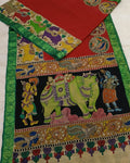 Indiehaat | HandPainted Soft Silk Red Saree | Elegant