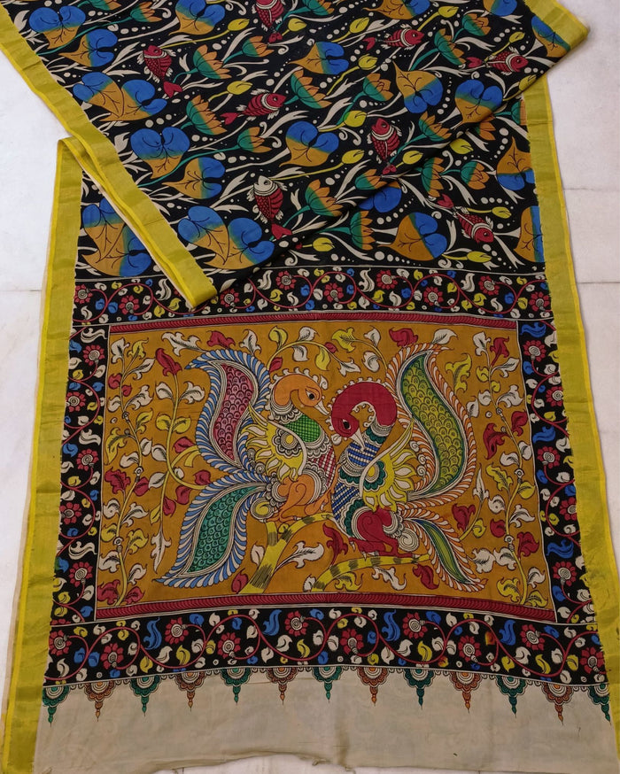 Indiehaat | HandPainted Soft Silk Black Saree | Elegant