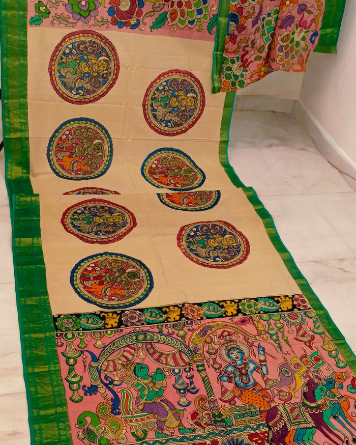 Indiehaat | Kalamkari Hand Painted Pure Silk Beige Saree | Elegant