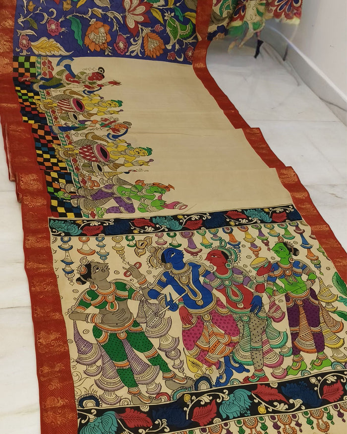 Indiehaat | Kalamkari Hand Painted Pure Silk Off White Saree | Elegant