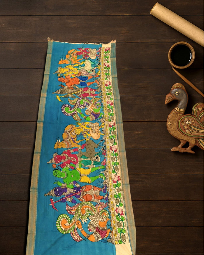 Indiehaat | Mangalagiri Handpainted Dupatta Blue