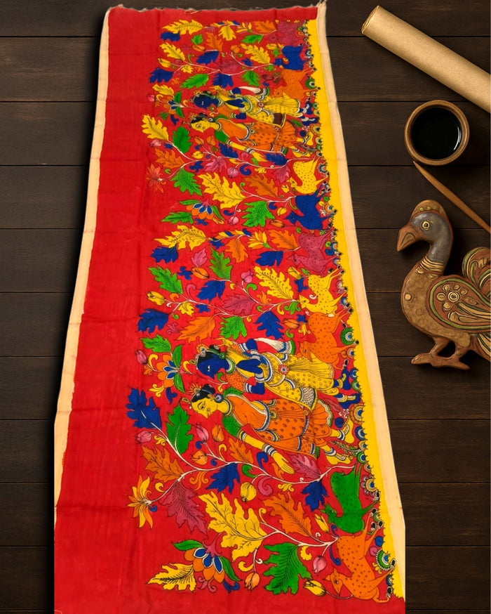 Indiehaat | Mangalagiri Handpainted Dupatta Red