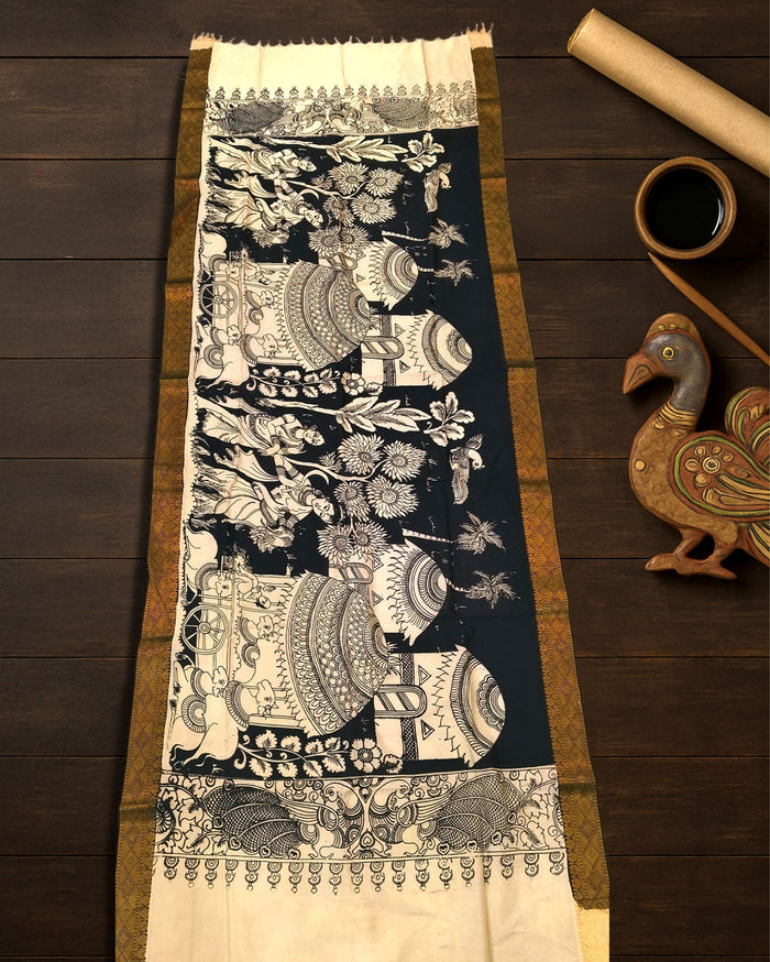Indiehaat | Mangalagiri Handpainted Dupatta Black & White