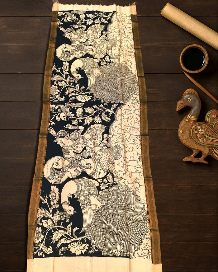 Indiehaat | Mangalagiri Handpainted Dupatta Black & White