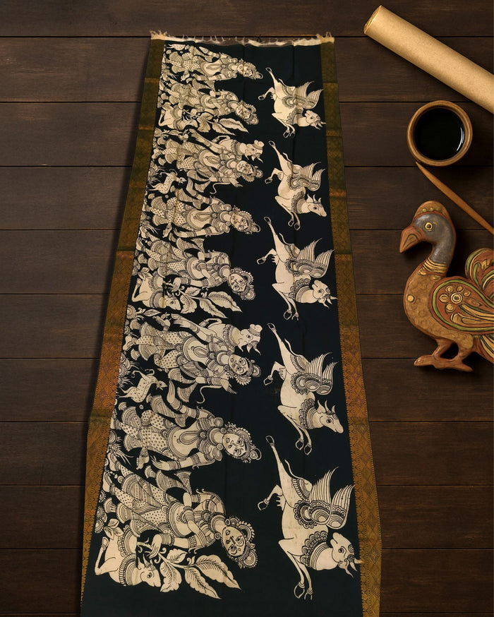 Indiehaat | Mangalagiri Handpainted Dupatta Black & White