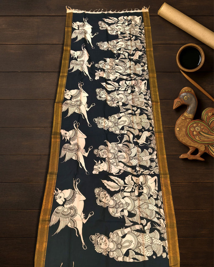 Indiehaat | Mangalagiri Handpainted Dupatta Black & White
