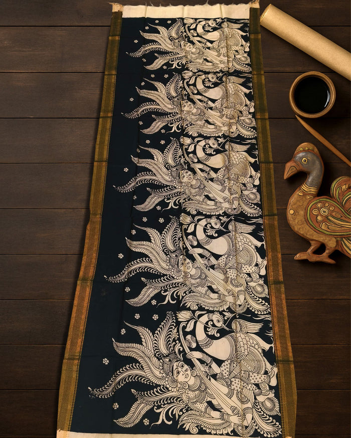 Indiehaat | Mangalagiri Handpainted Dupatta Black & White
