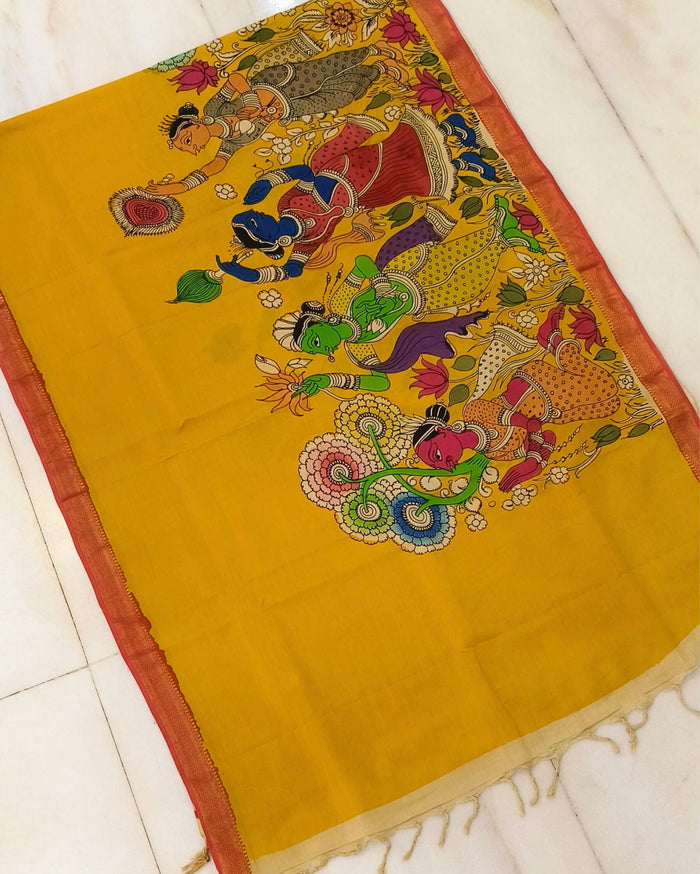 Indiehaat | Mangalagiri Silk Handpainted Yellow Dupatta