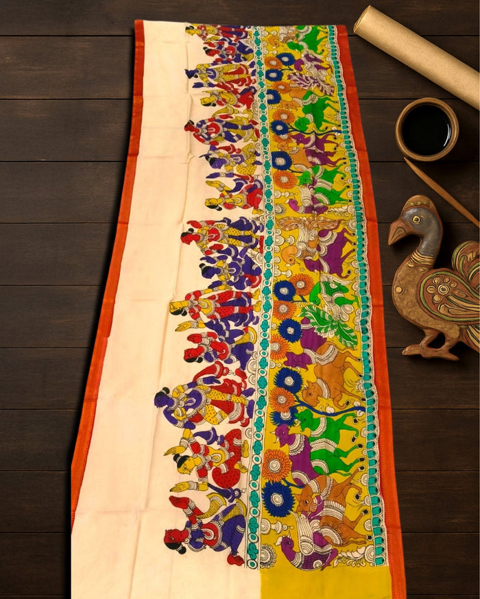 Indiehaat | Mangalagiri Handpainted Dupatta Cream
