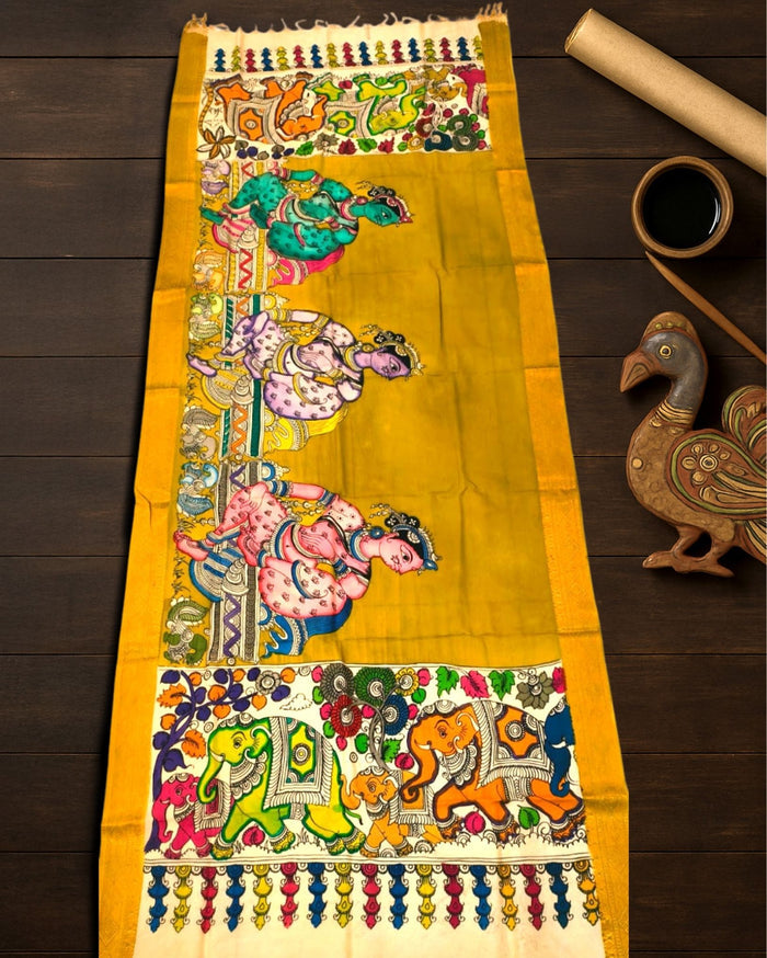 Indiehaat | Mangalagiri Handpainted Dupatta Yellow